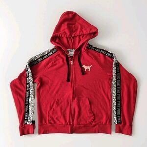Victoria's Secret PINK Bling Red Hoodie Sequin Dog Logo Size Small Full Zip Vs
